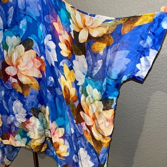 BELLA AMORE Made in Italy Silk Dolman Top Blue Floral Chiffon Pullover -EUC - OS - Picture 5 of 8